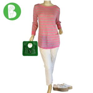 TALBOTS PINK W/GREEN STRIPES LINEN SWEATER (L)